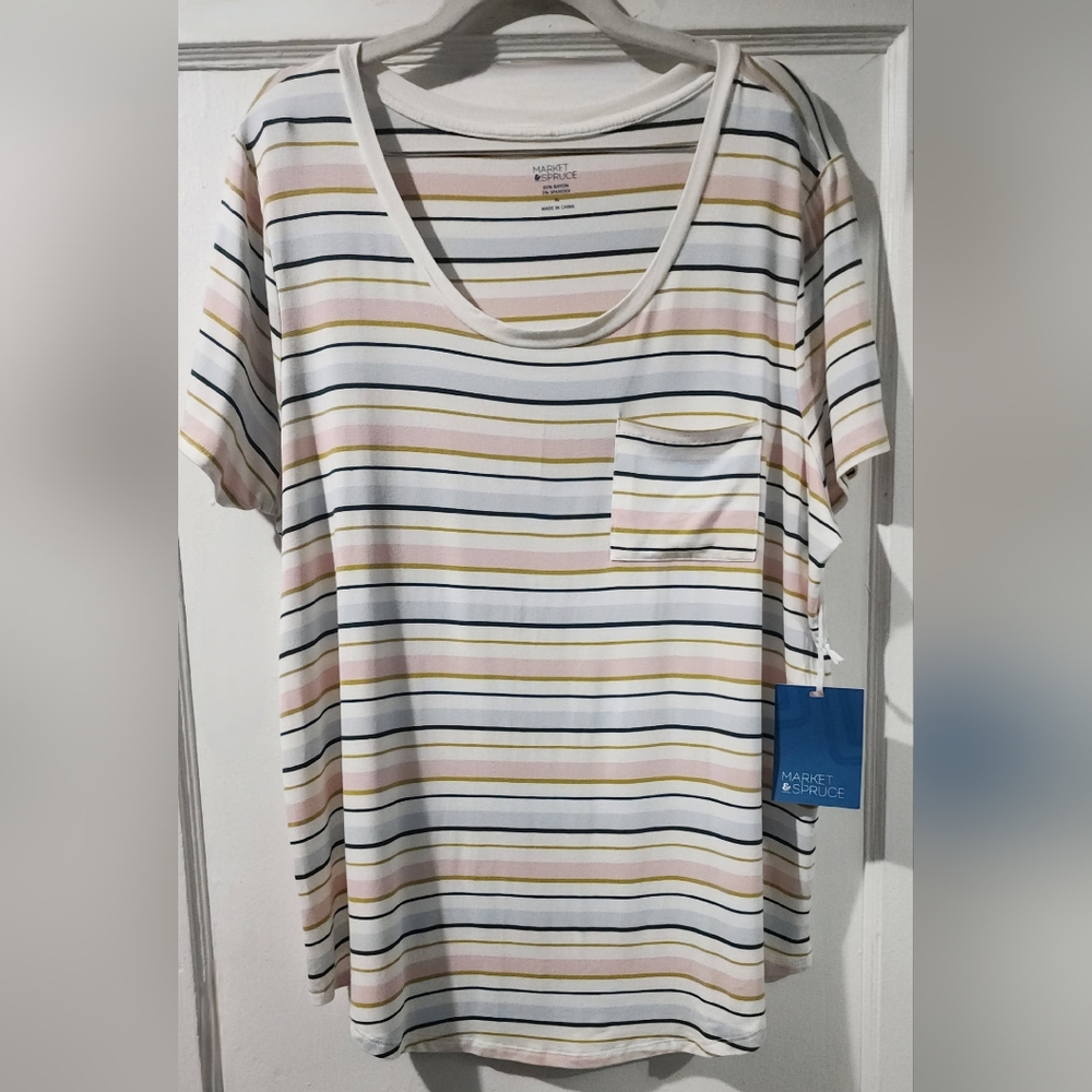 🌸Market & Spruce White Striped Scoop Neck Tee - Pink & Navy Stripe🌸size:XL